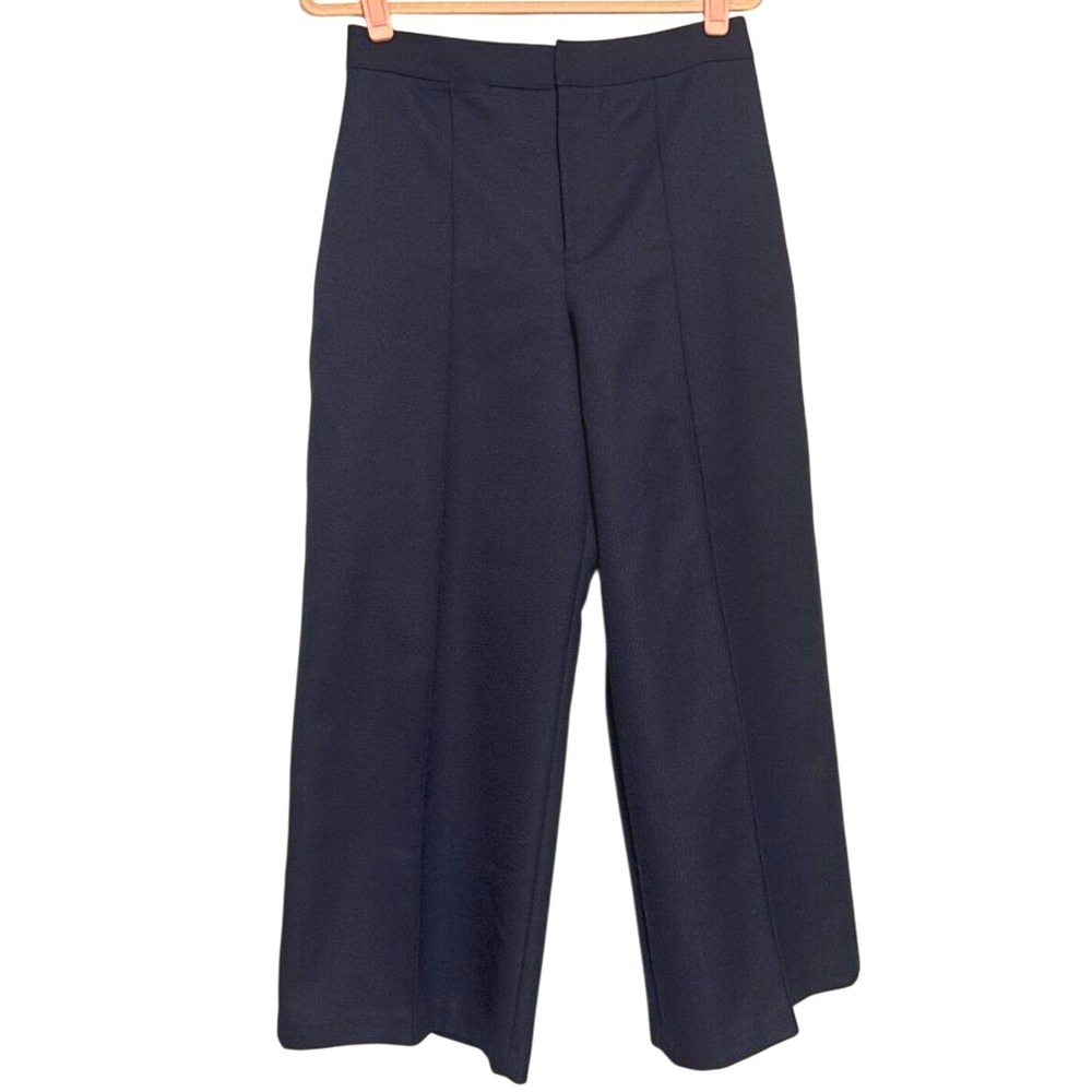 Club Monaco Trousers 6 Navy Blue Wool Textured Wide Leg Office Wear Career Chic